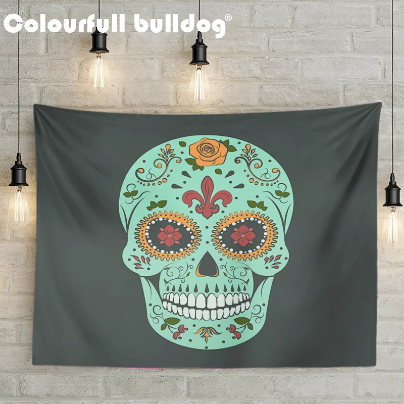 

Cartoon Mexican Sugar Skull Tapestry Hanging Red Orange Flowers Wall Blankets Diamond Heart Pattern Home Decorative Tapestries