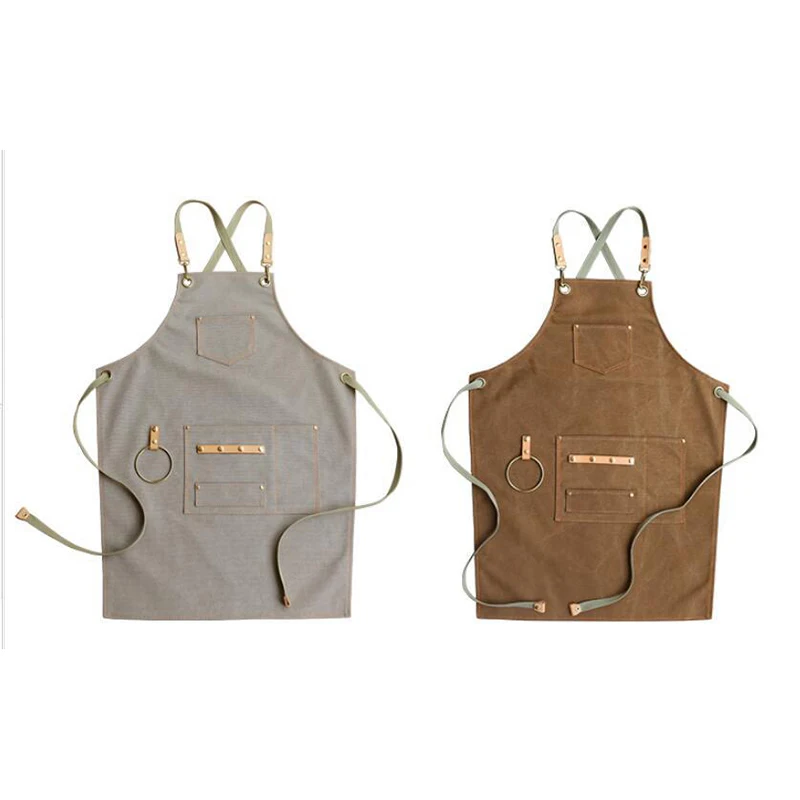 2019 BBQ Canvas Apron Bib Leather Chef Kitchen Apron For Women Men Barista Bartender Pockets Home Barber Cook Coffee Restaurant