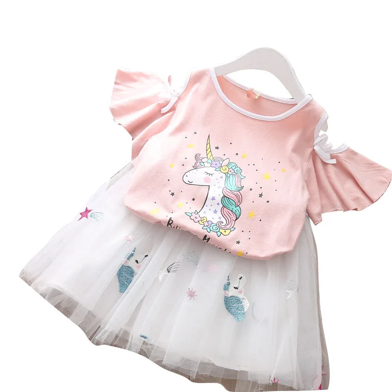 

Girls Skirt Set Summer Baby Cartoon Short-sleeved T-shirt + Mesh Skirt Kids Clothing