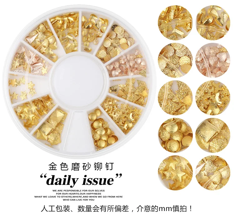 

1 Box Gold&Silver Nail Decals Metal Stud 12 Styles Nail art Rivet Charms DIY Nails Accessories 3D Nail Art Decorations,H244301