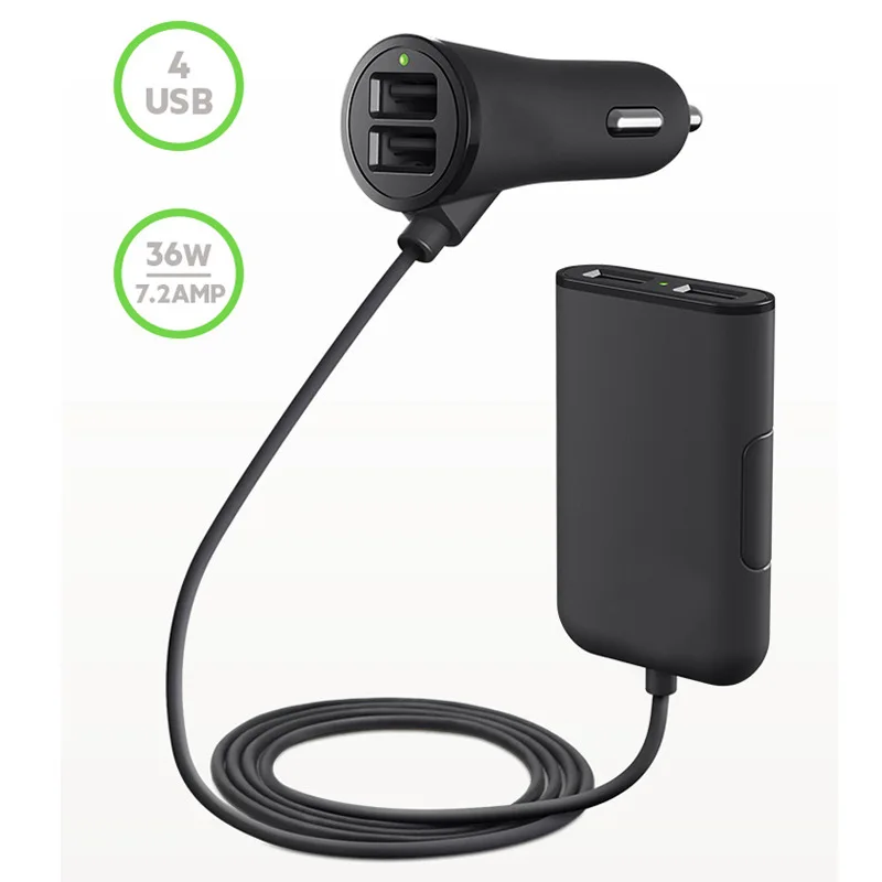 

4 Ports FAST 3.0+2.4A+3.1A USB Car Charger Universal USB Fast Adapter with 5.6ft Extension Cord Cable for MPV Car Phone