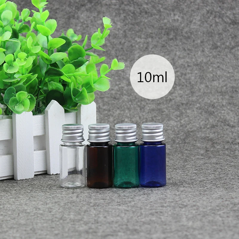 

10pcs Aluminium Cap Plastic Empty Bottle Clear/Amber/Blue/Green 10ml Small Bottles Storage for sample/liquid/pill/cosmetic 6.23