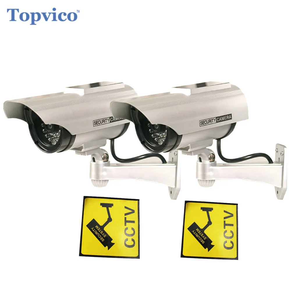 Topvico 2pcs Dummy Camera Solar + Battery Powered Flicker LED Outdoor Fake Surveillance Home Security Camera Bullet CCTV Camera