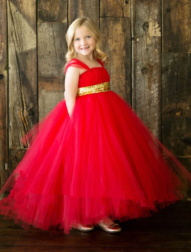 

2018 tulle red golden sash tutu baby bridesmaid flower girl wedding dress birthday evening prom cloth tutu party wedding dress