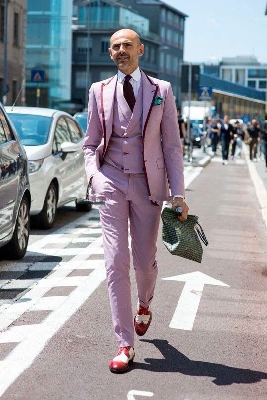 Three Piece Pink Evening Party Men Suits Peak Lapel Trim Fit Custom Made Wedding Tuxedos