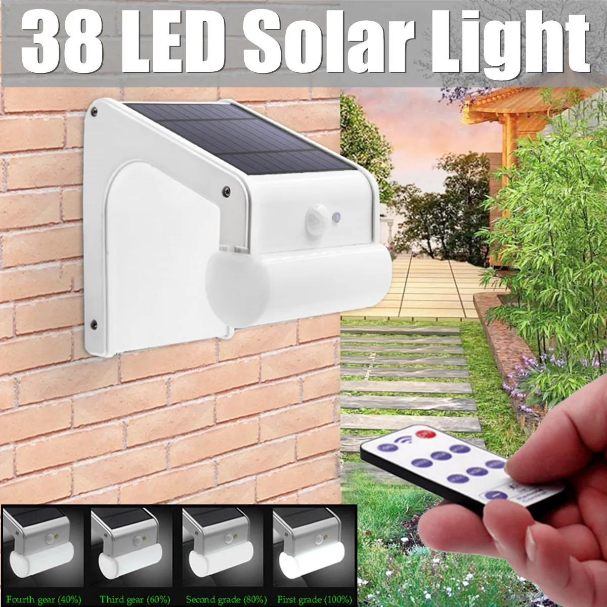 

Sensor Light Outdoor Waterproof Lamp Solar 38 LED With Wireless Remote Control Cool White Motion Sensor 6 Modes Adjustable