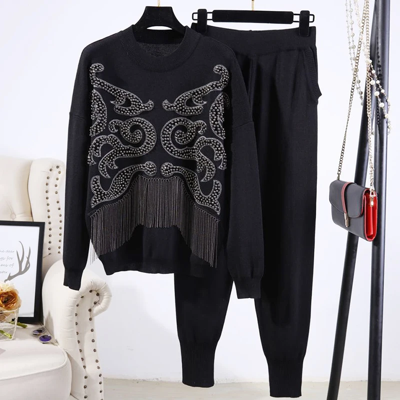 Lourde En 181217tb01 Femmes Pantalon Chandail Manches Perlée À Pantalons Nouveau Hiver Costume Casual Tricot Longues De Gland w7awt4q