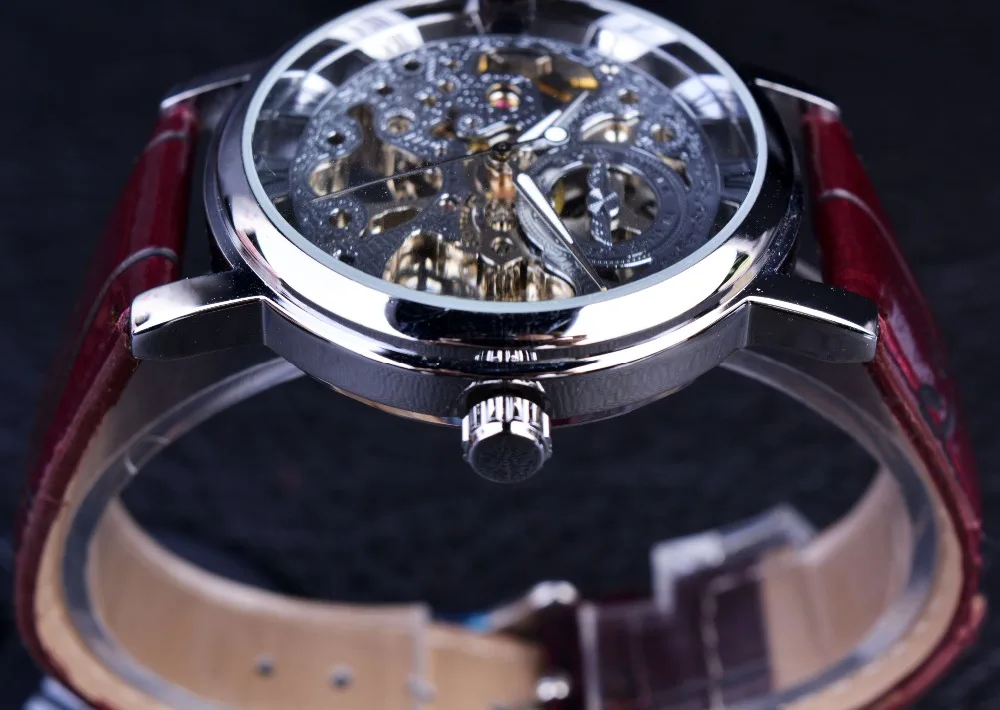 Winner Royal Carving Skeleton Brown Leather Strap Silver Case Transparent Case Men Watch Top Brand Luxury Mechanical Watch Clock