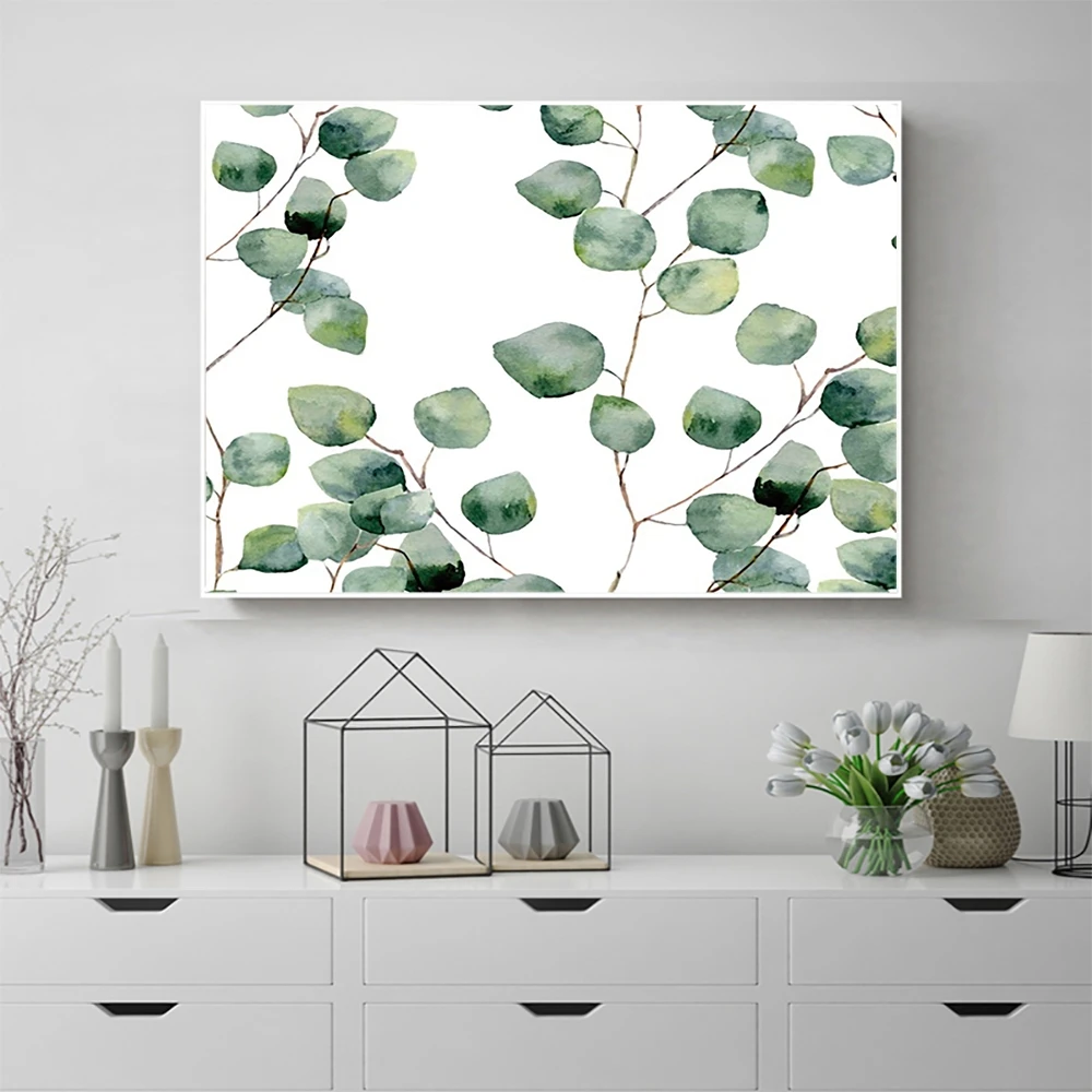 

Laeacco Minimalism Nordic Green Leaves Wall Art Posters and Prints Modern Canvas Painting Kids Room Living Room Home Decoration