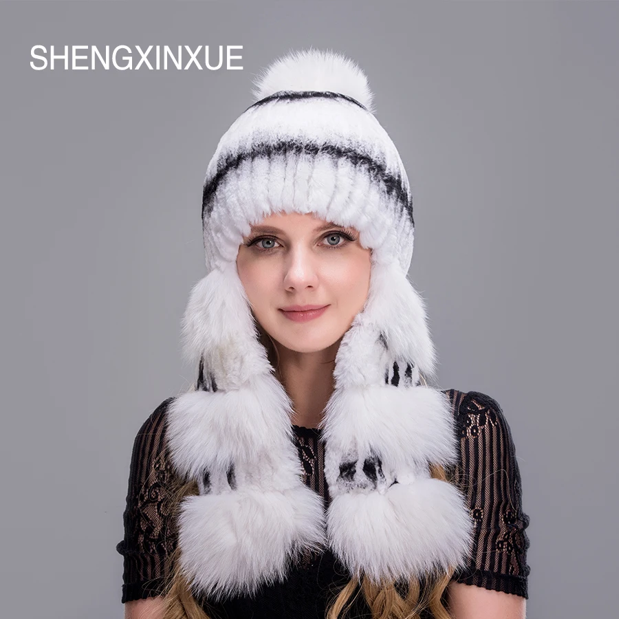 

JIQIUZHANXUEFEI 2019 Real rex rabbit fur hat for women with pompom on the top
