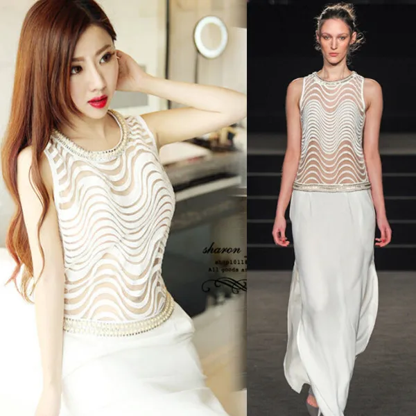 Sleeveless Beading White High Quality Brand Style Maxi Women Beauty Dress 2014 | Женская одежда