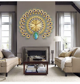 

3D Big Stereo Peacock Wall Clock Modern Design Living Room Acrylic Diamonds Decorative Non Ticking Clock Wall Art Home Decor