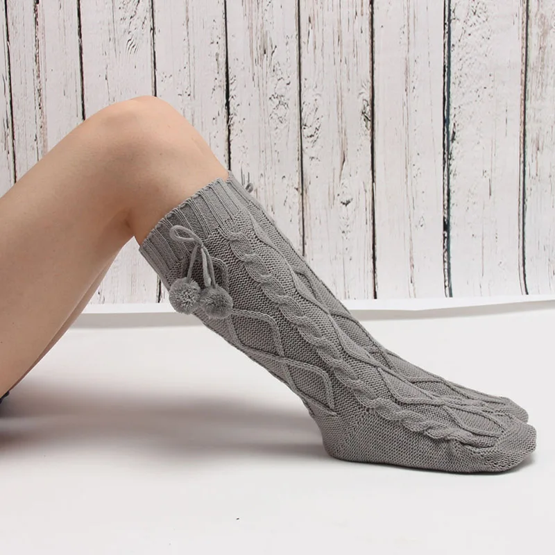 Elegant White Pompom Knitting Warm Socks New 2017 Sexy Female Long Warm Socks Winter Boot for Women Girls Calcetines Mujer