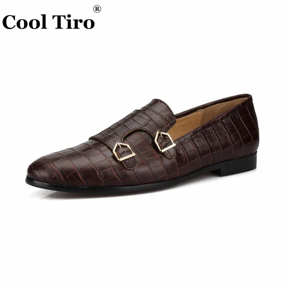 Cool Tiro/коричневый двойной Monk Loafers Для мужчин тапочки мокасины крокодиловый принт Повседневная обувь Свадебная вечеринка Туфли под платье человек Туфли без каблуков