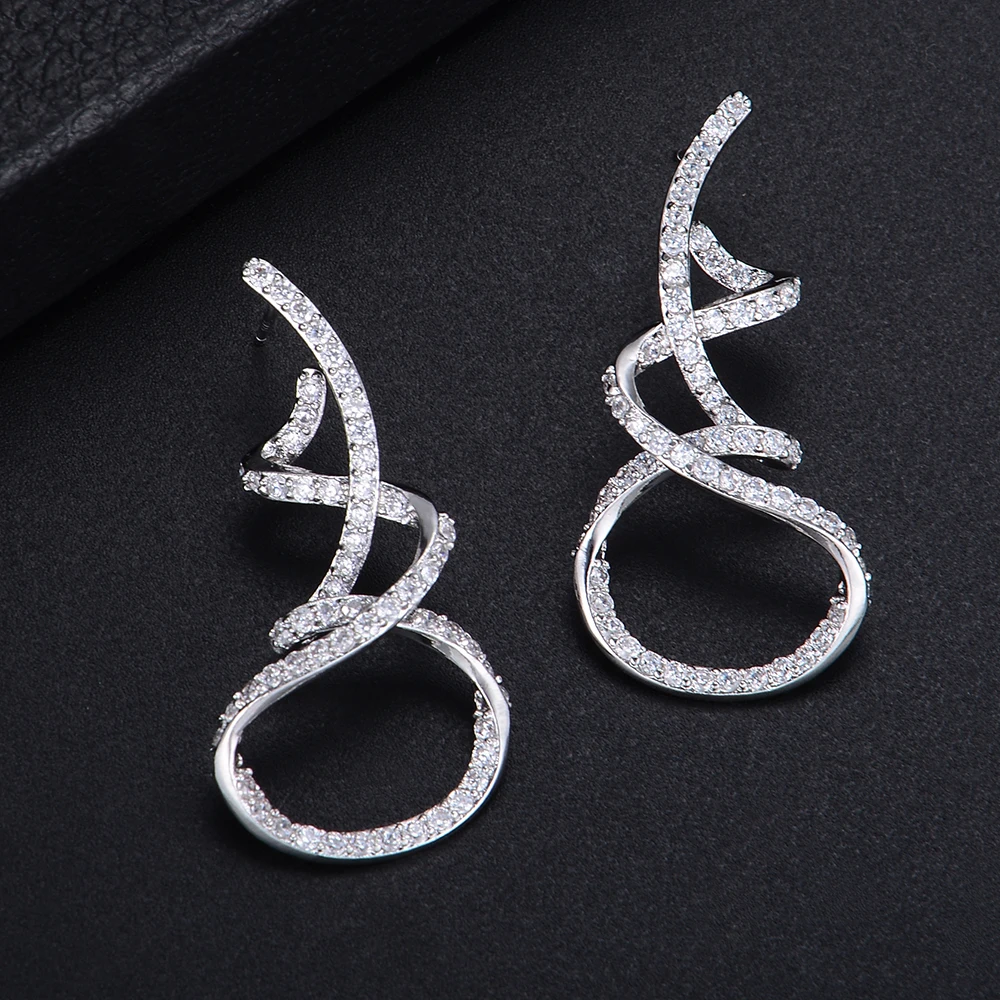 38mm Women Unique Irregular Twine Geometric Full CZ Stud Earrings For Bridal Engagement Earrings Jewelry