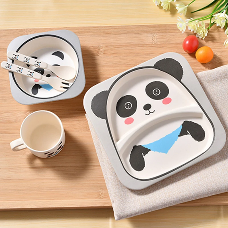 

5 Pcs/Set Baby Bamboo Fiber Tableware Children Dinner Cartoon Plate Bowl Fork Spoon Cup Feeding Set Supplier Food Dish Panda
