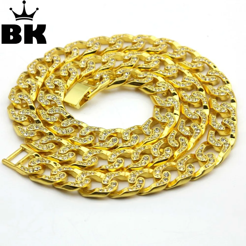 

Mens Hip Hop Gold Color Iced Out Crystal Miami Cuban Chain Gold Silver 30inch Necklace HOT SELLING THE HIP HOP KING