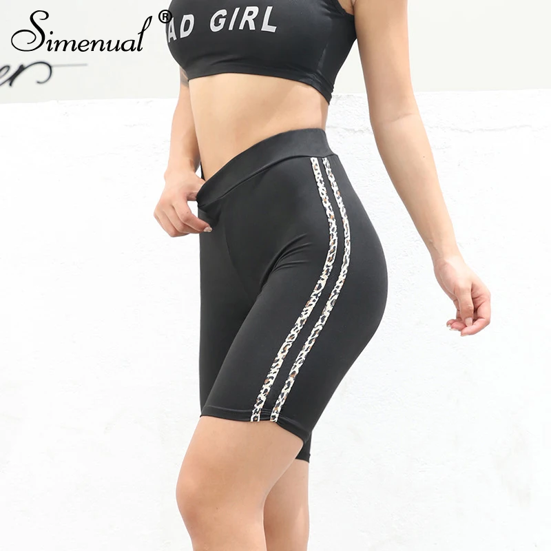 

Simenual High Waist Sporty Biker Shorts Women Fitness Active Wear Shorts Side Striped Leopard Workout Cycling Shorts Casual Slim
