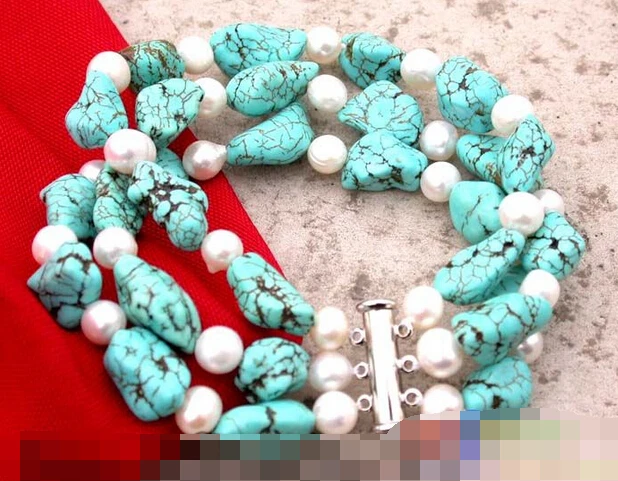 

12645 3strands white freshwater pearl nature turquoise bangle bracelet Natural >>free shipping