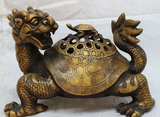 

wholesale factory 10" Folk Chinese Bronze Copper Dragon Turtle Statue Box Incense Burner Censer