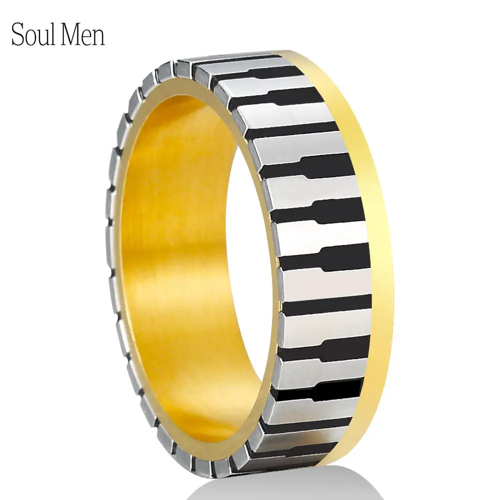 

7mm Wide Men Women's Gold Color Piano Keyboard Wedding Band Ring for Music Lovers & Pianist Available Sizes 5-10