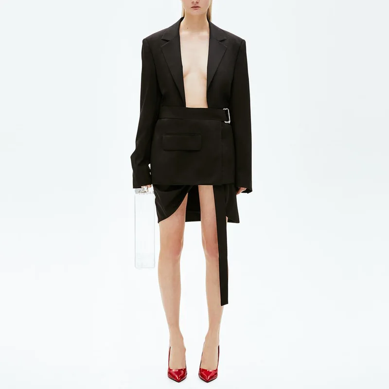 

Europe Station 2019 Early Autumn Joker Fashion Accent Side Belt Fake Two Thin Fabric Suit Jacket Black Purity Collage New Women