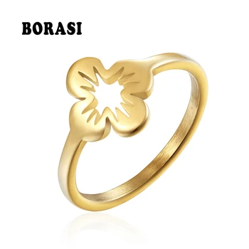 

BORASI New Brand Ring Popular Romantic Wedding Ring For Women Stainless Steel Flowers Shape Ring Gold Color Jewelry rings