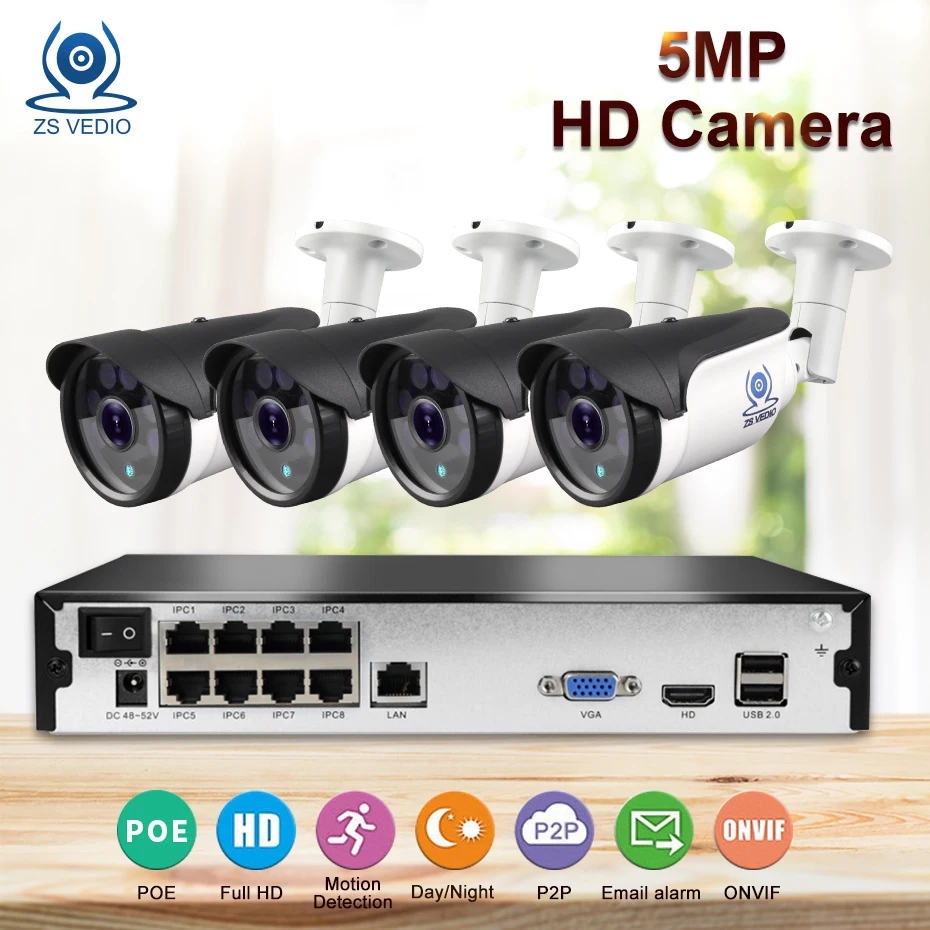 

ZSVEDIO H.265 5.0MP POE 4CH NVR Kit CCTV System IP Camera P2P IR IP66 Outdoor Weatherproof Video Security Surveillance Set UHD