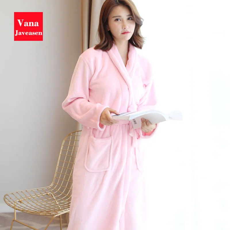 Vana Javeasen Coral Fleece Women Men Bathrobe Pajamas Thicken Warm Autumn Winter Home Couple Sleepwear Turndown Collar Robes