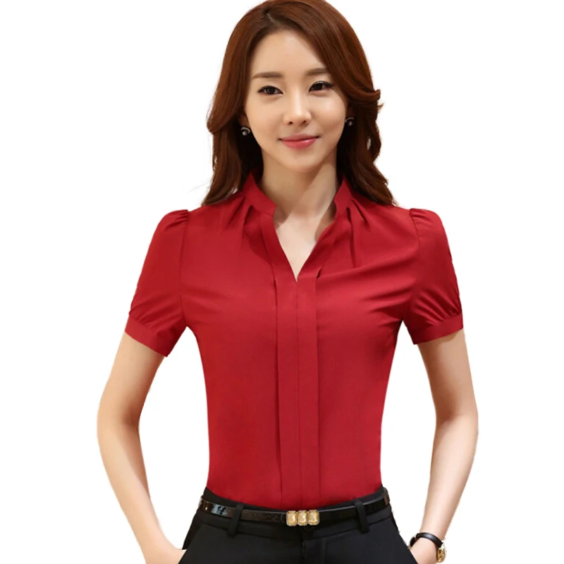 Women Shirts for Work Short Sleeve Chiffon Solid T-Shirt Office Ladies Loose V Neck Button Tops Women Shirts for Work Short Sleeve Chiffon Solid T-Shirt Office Ladies Loose V Neck Button Tops