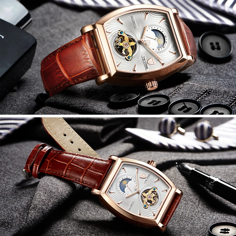 TEVISE Mens Watches Tonneau Moon Phase Automatic Watch Waterproof Self-Wind Mechanical Wristwatches Leather Strap + Box 8383D (7)