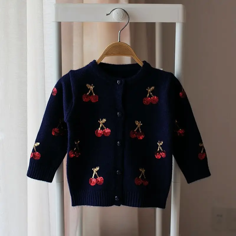 dark blue Кардиганы для девочек; одежда для маленьких девочек; свитера для девочек с вишневым узором; Детский кардиган; сезон осень-зима; детский вязаный свитер для девочек - Цвет: dark blue