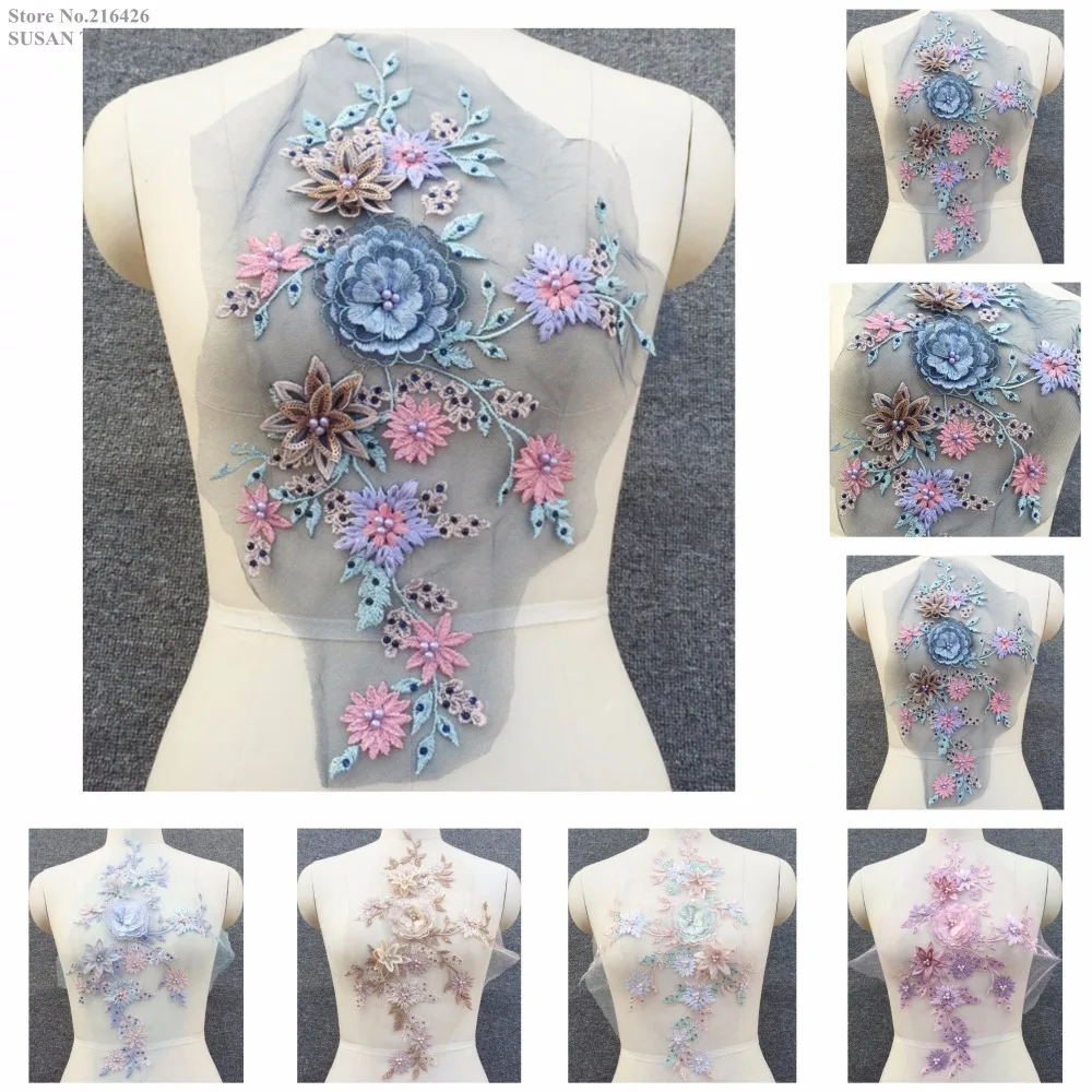 

New Handmade 5Color(Navy Blue Pink Purple+)Beaded Pearled Rhinestone 3D Flower Embroidery Patches Neckline Applique Collar SDY23