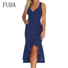FUDA Women Summer Backless Lace-up Irregular Ruffles Dress Sexy V Neck Sleeveless Party Dress Elegant Bohemian Beach Dresses