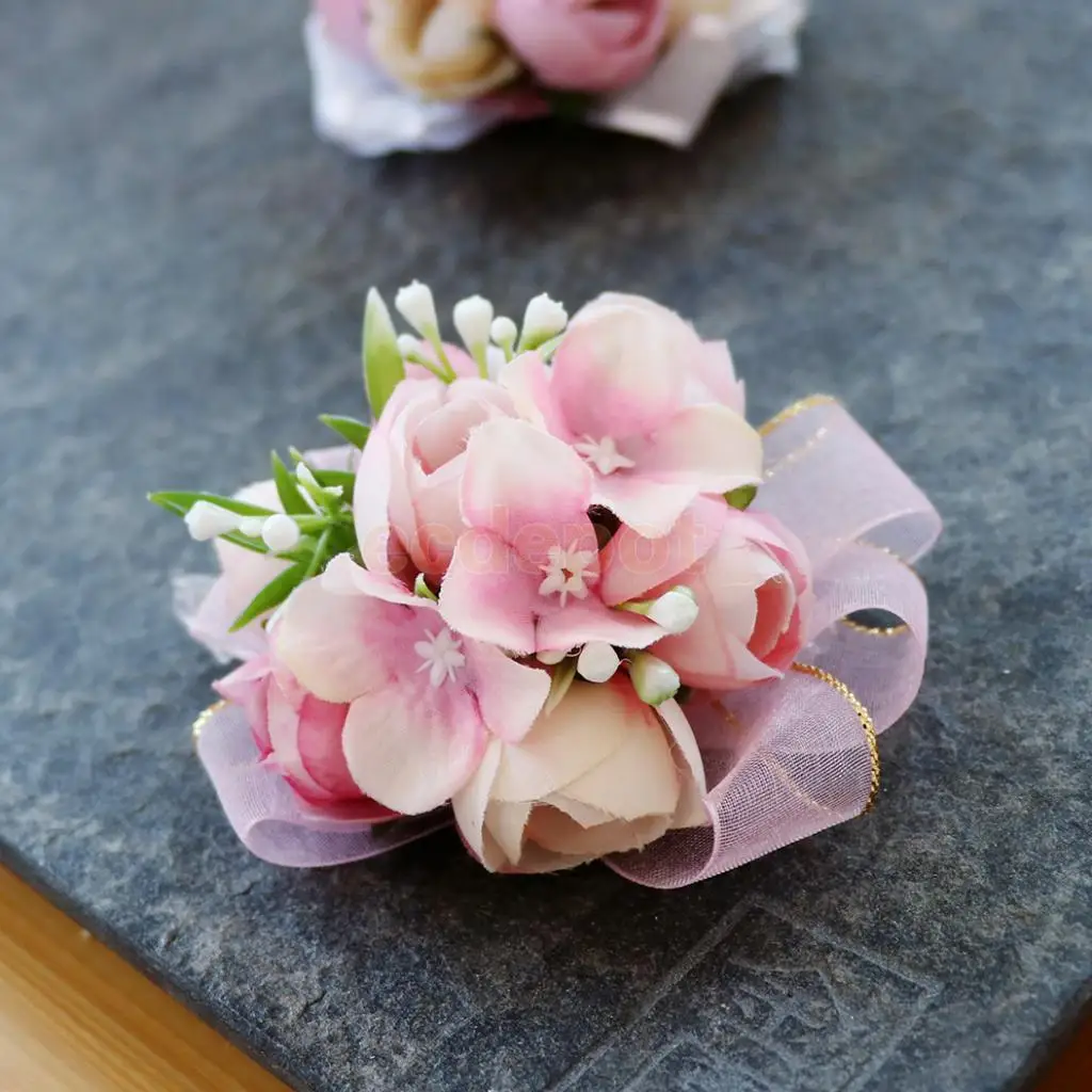 5pcs Silk Hand Flowers Wedding Bride Bridesmaid Wrist Corsage Peach Pink
