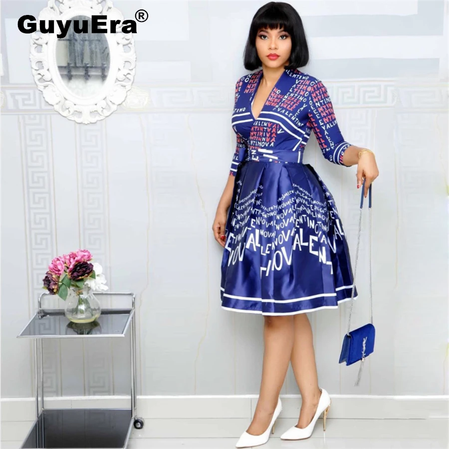 

GuyuEra Africa Dresses for Women Hot Sale Digital Printing Letters Big Pendulum V-neck Dress European and American
