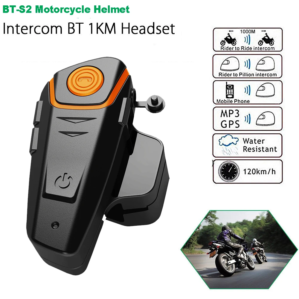 BT-S2 Pro Handsfree Motorcycle Helmet Intercom Motorbike Wireless Bluetooth Headset Waterproof BT Interphone with FM Radio