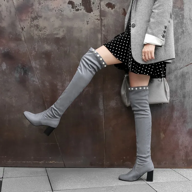 

Big Size 11 12 13 14 15 16 17 Women Long Boots Woman Over The Knee Boot Pearl decoration Pure color Coarse heel boots