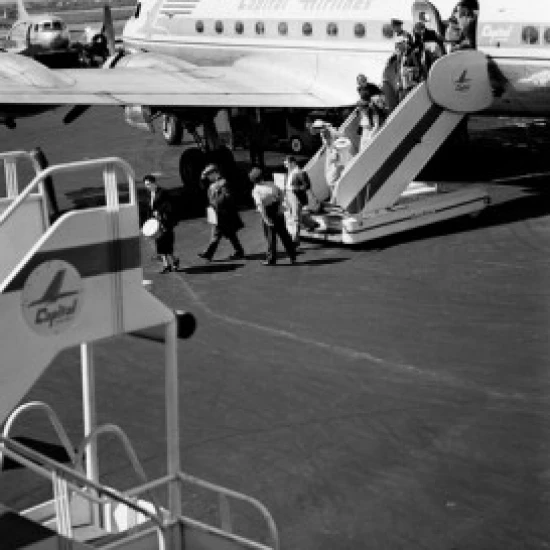 USA  New York City  LaGuardia Airport  Passengers alighting from plane Poster Print (18 x 24)