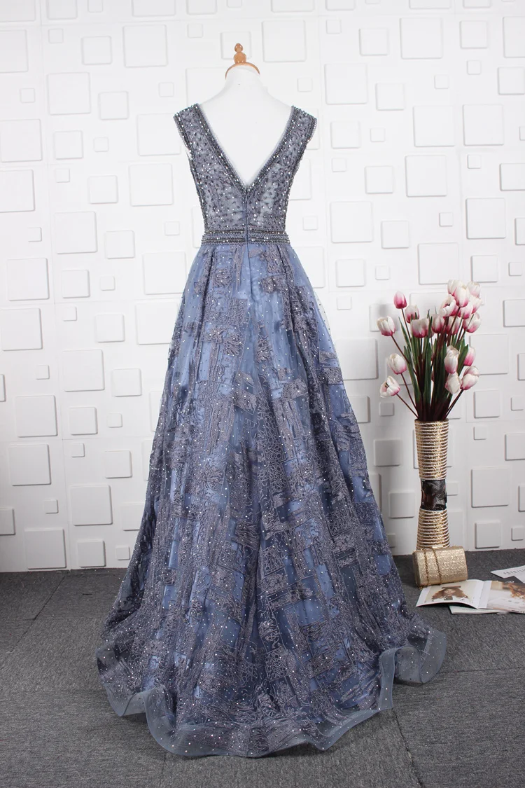 В наличии 2019 сексуальный v-образный вырез с крупным бисером вечернее платье трапециевидной формы темно-синие кружевные вечерние длинные