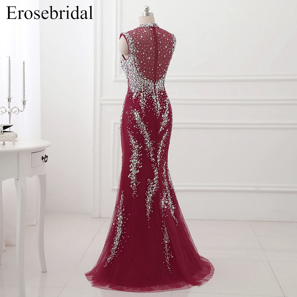 Erosebridal вечернее платье с высоким воротом, длинное роскошное длинное вечернее женское платье с бисером, вечерние платья на молнии сзади с маленьким шлейфом