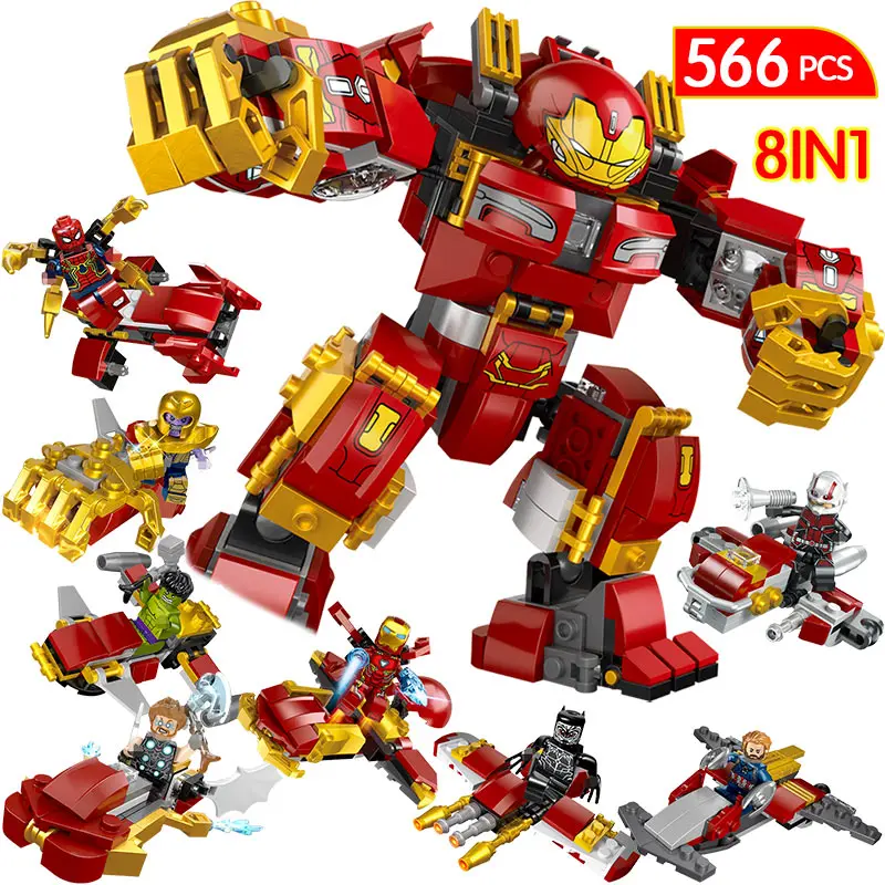 

8 IN 1 Super Hero Avengers Movie Building Blocks Compatible LegoINGLYs Marvel Robot Iron Man Technic Bricks 566pcs Toy For Boy