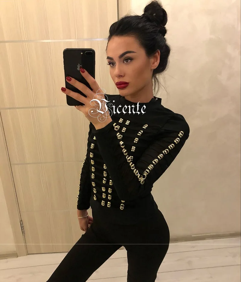 Vicente HOT 2019 New Runway inspired Heavywork Sexy Striped Mesh Metal Embellished Wholesale Women Bandage Bodysuit Bath Suit