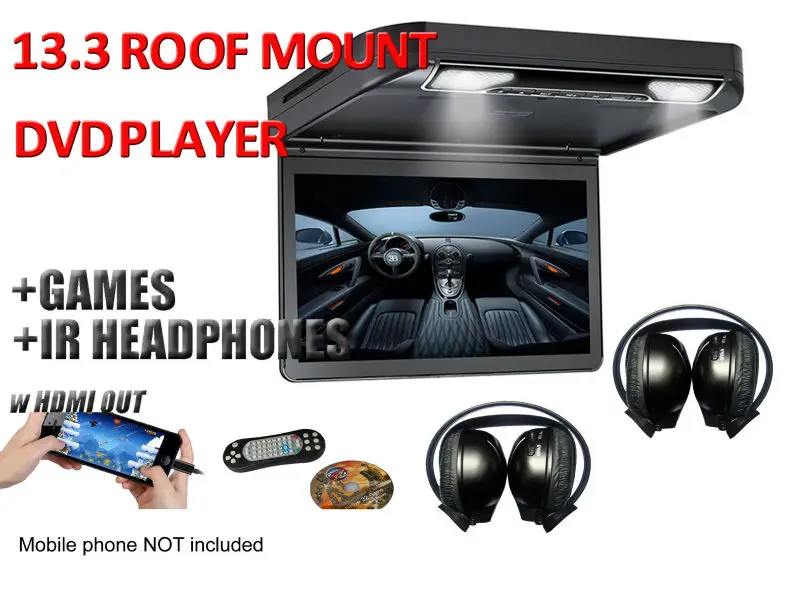 13.3" HD 1080p Car Roof Mount DVD Player Flip Down Monitor Screen with