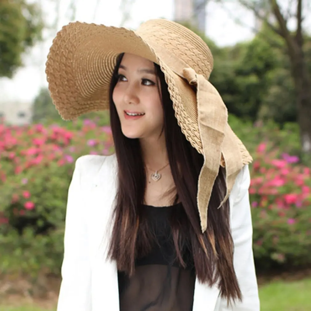 Summer Wide Brim Beach Sun Visor Hat Women Ribbon Bowknot Straw Hats