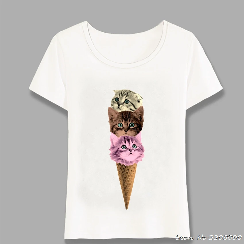 

Cute Meow Scream Print T-Shirt Summer Women T-shirt Funny Cat Ice Cream Cone Design Tops Fashion Girl Casual Tees Harajuku