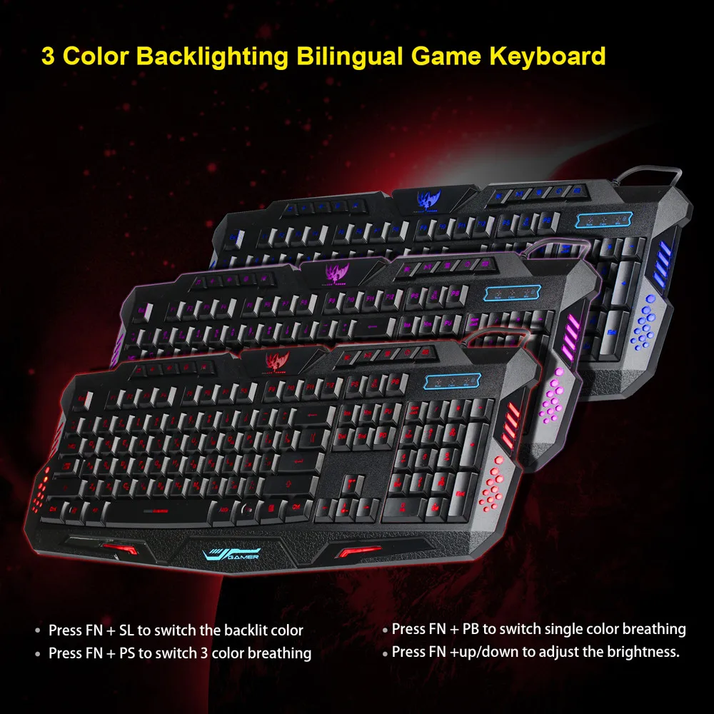 Русский USB проводной 3 Цвета Трещины LED Подсветка мультимедиа PC Gaming Keyboard красивый подарок 17nove9