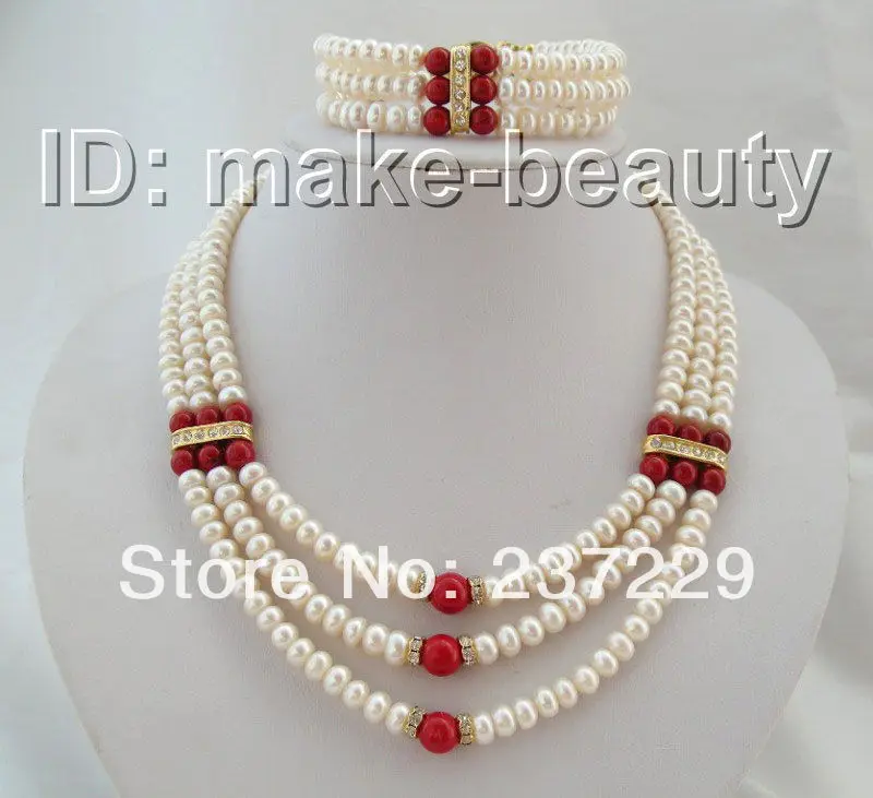 

Wholesale price FREE SHIPPING aCLASSIC 3rows 8mm baroque white pearls red coral necklace bracelet a set (A0423)