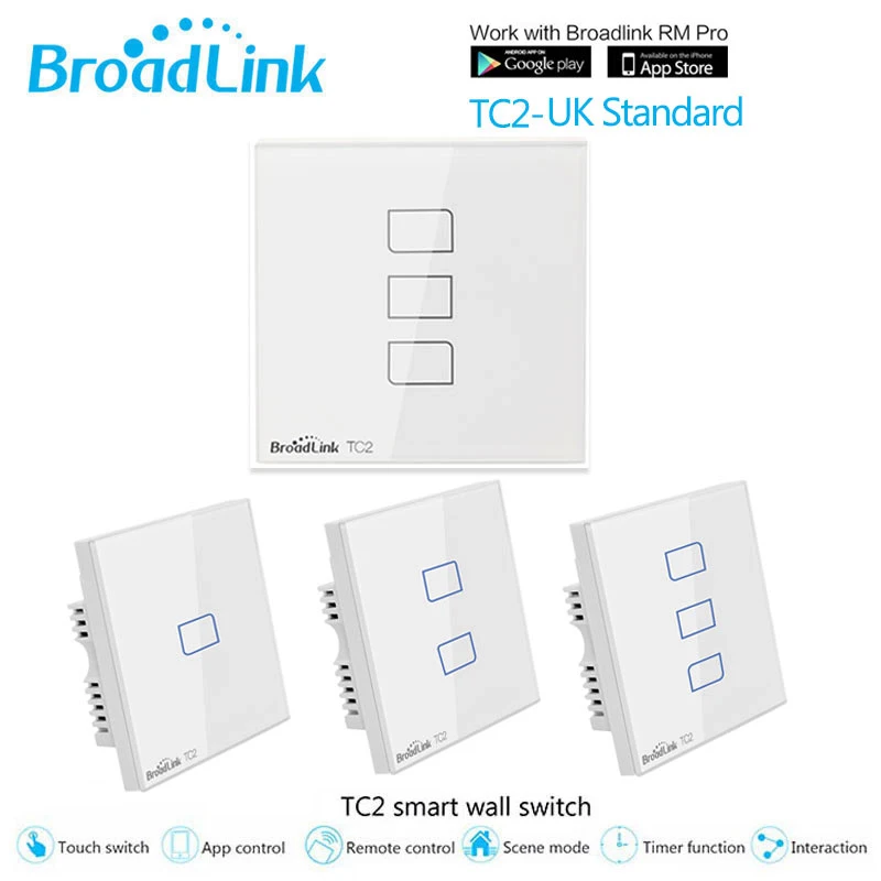 

Broadlink TC2 1/2/3Gang Touch Switch UK Standard RF433 Wireless Wall Switch Smart Home Automation Wifi Control Lamp Light Switch