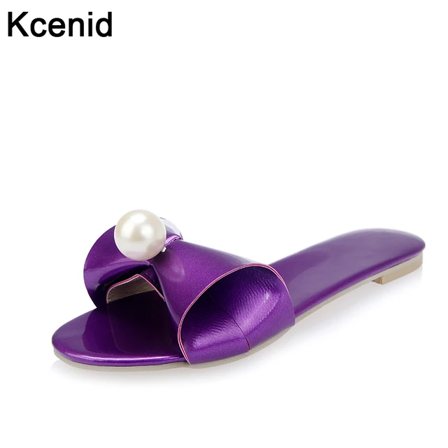Kcenid Plus size 33-43 women slippers summer 2017 new beach low heels sandals women bowtie with pearl shoes purple black red